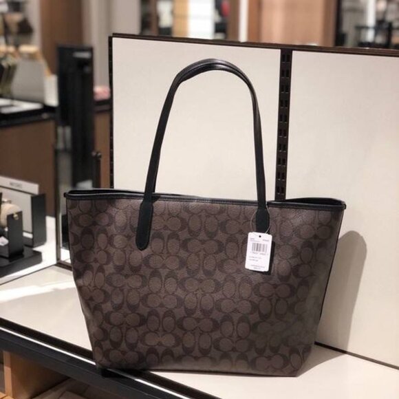 NWT Coach City Tote In Signature Canvas - Black/ Brown (5696) - Picture 2 of 4